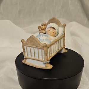 Charming Baby in Crib Figurine - Brown and Cream